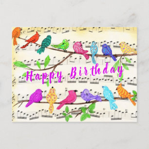 Carte d'anniversaire d'oiseaux musicaux colorés du