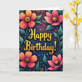 Carte d'anniversaire dorée rayée (Fleur jaune)