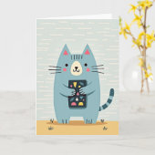 Carte d'anniversaire douce chat bleu (Fleur jaune)