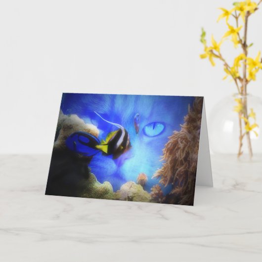 Carte d'anniversaire drôle avec chat et poisson (Fleur jaune)