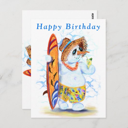 Carte d'anniversaire drôle avec Snowman Surfer (Devant / Derrière)