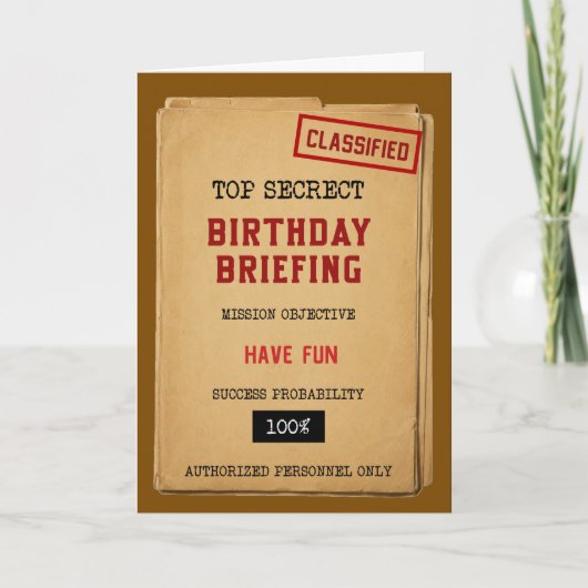 Carte d'anniversaire drôle de briefing classifié d (Devant)