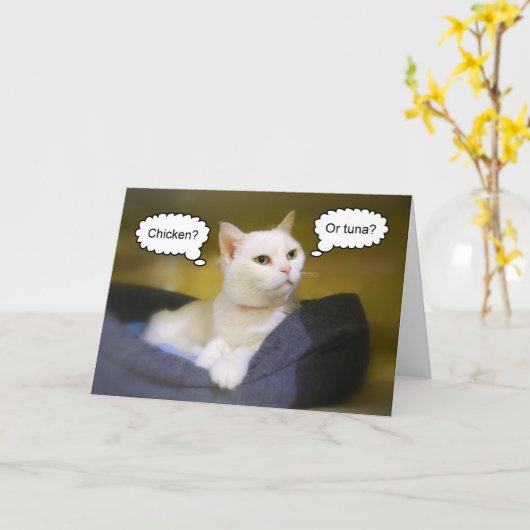 Carte d'anniversaire drôle de chat blanc (Fleur jaune)