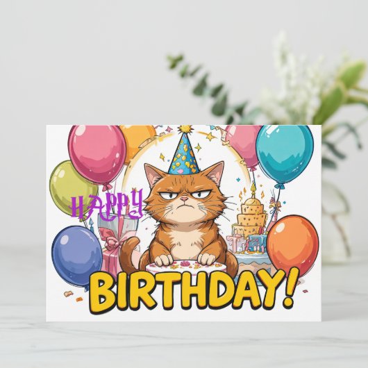 Carte d'anniversaire drôle de chat grincheux – Hum (Debout devant)