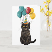 Carte d'anniversaire du chat de fête - Chat noir m (Fleur jaune)