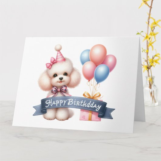 Carte d'anniversaire du chien de caniche mignon (Fleur jaune)