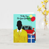 Carte d'anniversaire du fils afro-américain heureu (Fleur jaune)