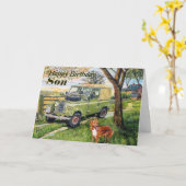 Carte d'anniversaire du fils "FARM" avec la scène (Fleur jaune)