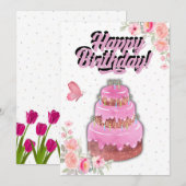 Carte d'anniversaire du gâteau rose (Devant / Derrière)