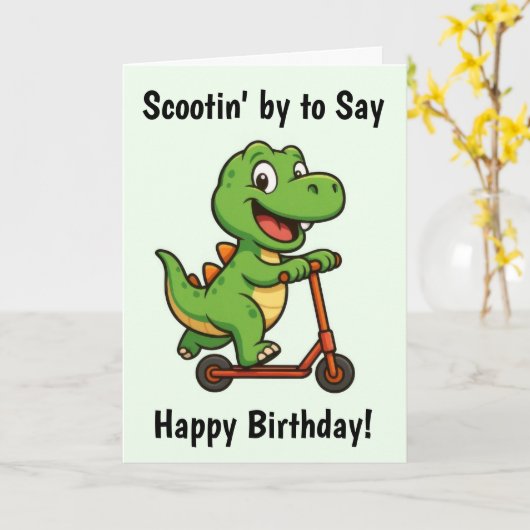 Carte d'anniversaire du joli dinosaure vert (Fleur jaune)