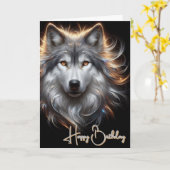 Carte d'anniversaire du loup gris joyeux (Fleur jaune)