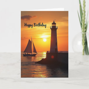 Carte d'anniversaire du phare du coucher de soleil