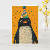 Carte d'anniversaire du pingouin de fête (Fleur jaune)