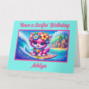 Carte d'anniversaire du surf tropical rose Kitten