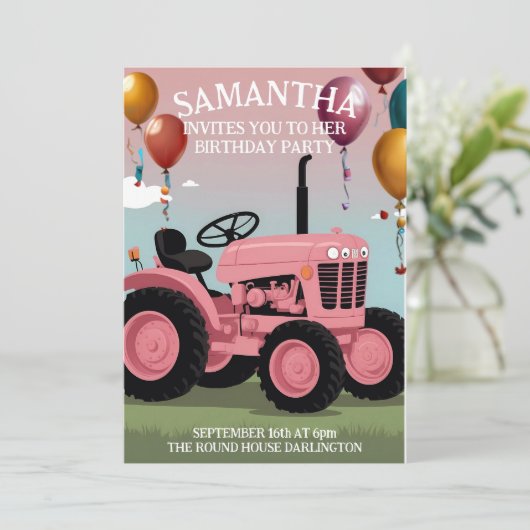 Carte d'anniversaire du Tracteur rose mignonne (Debout devant)