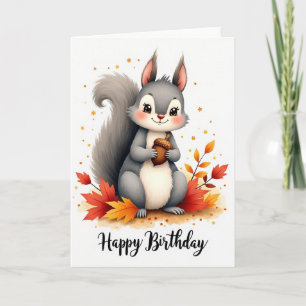 Carte d'anniversaire écureuil automnal aux glands