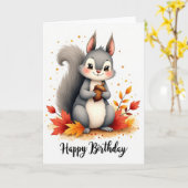 Carte d'anniversaire écureuil automnal aux glands (Fleur jaune)