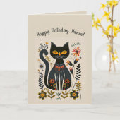 Carte d'anniversaire éditable de chat noir d'art p (Fleur jaune)