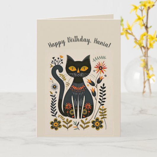 Carte d'anniversaire éditable de chat noir d'art p (Fleur jaune)