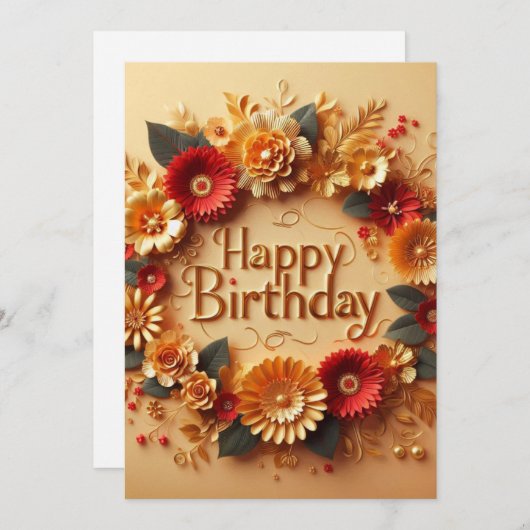Carte d'anniversaire élégante motif de fleurs doré (Devant / Derrière)