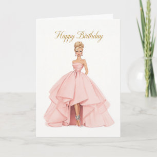 Carte d'anniversaire élégante rose en robe de bal