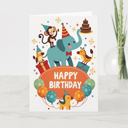 Carte d'anniversaire Éléphant Singe (Devant)