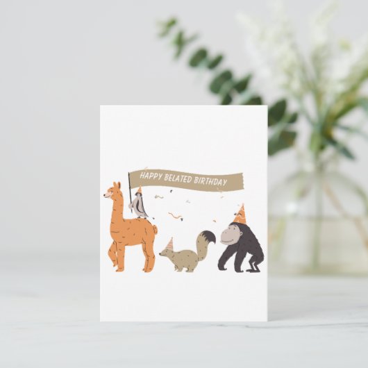 Carte d'anniversaire en retard avec des animaux dr (Debout devant)