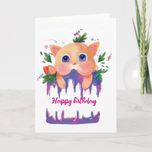 Carte d'anniversaire enfant mignon chat et gâteau  (Devant)