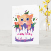 Carte d'anniversaire enfant mignon chat et gâteau  (Fleur jaune)
