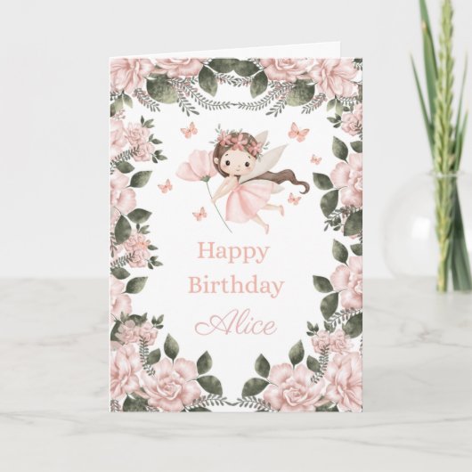 Carte d'anniversaire Fée avec roses et feuillage  (Devant)