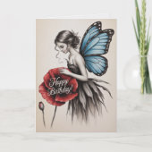 Carte d'anniversaire fée Fleur rouge Papillon fée (Devant)