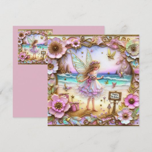 CARTE D'ANNIVERSAIRE ~ Fée rose ~ (Devant / Derrière)