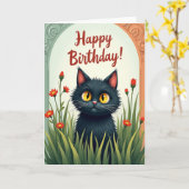 Carte d'anniversaire féline curieuse (Fleur jaune)