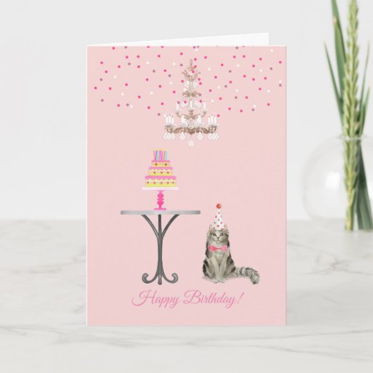 Carte d'anniversaire féminine rose du chat (Devant)