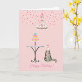 Carte d'anniversaire féminine rose du chat (Fleur jaune)