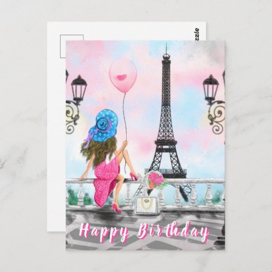 Carte d'anniversaire Femme avec ballon rose à Pari (Devant / Derrière)