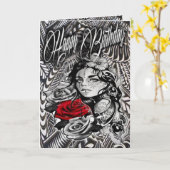 Carte d'anniversaire femme noire et grise (Fleur jaune)