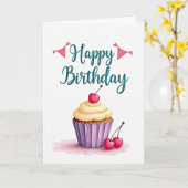 Carte d'anniversaire festive cerise (Fleur jaune)