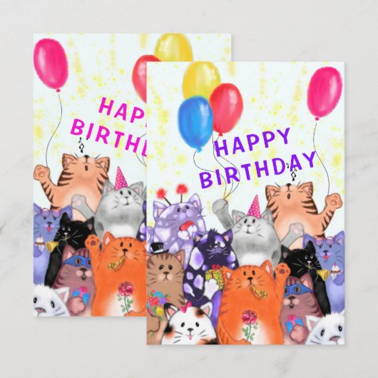 Carte d'anniversaire Fête de Chats Heureux (Devant / Derrière)