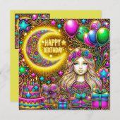 CARTE D'ANNIVERSAIRE ~ Fille avec cheveux fluoresc (Devant / Derrière)