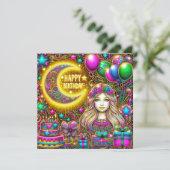 CARTE D'ANNIVERSAIRE ~ Fille avec cheveux fluoresc (Debout devant)