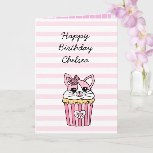 Carte d'anniversaire fille Cupcake Chat Rose (Orchidée)