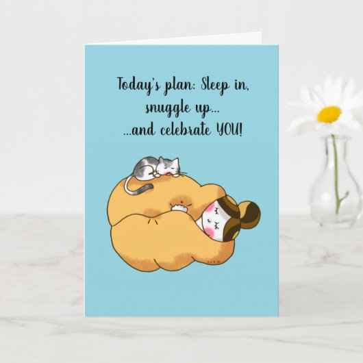 Carte d'anniversaire Fille et Chat Cozy (Petite plante)