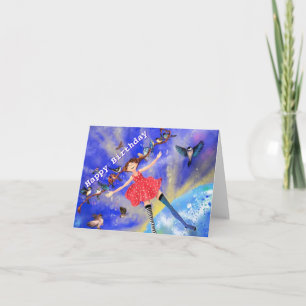 Carte d'anniversaire Fille heureuse avec oiseaux