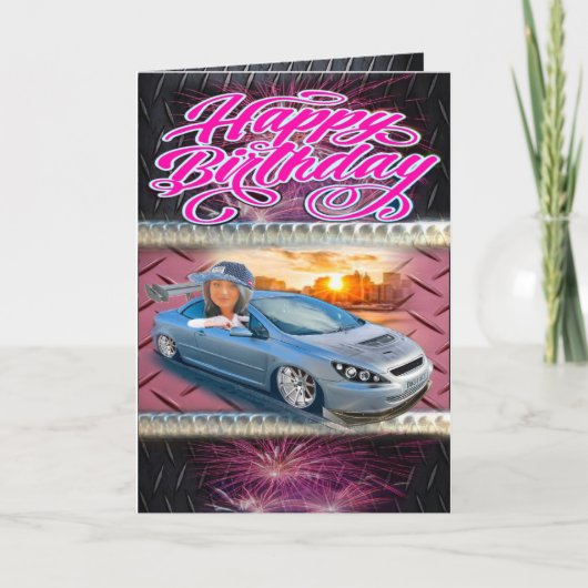 Carte d'anniversaire fille racer (Devant)