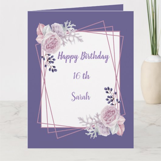 Carte d'anniversaire fleur violette à cadre géomét (Devant)