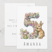 Carte d'anniversaire Fleurie Lapin 5 ans (Devant / Derrière)
