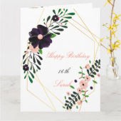 Carte d'Anniversaire fleurie violet cadre d'or géo (Fleur jaune)