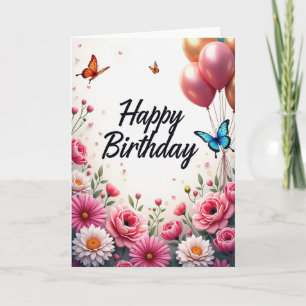 Carte d'anniversaire florale à l'écriture élégante
