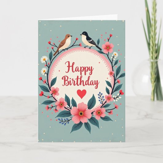 Carte d'anniversaire florale avec oiseaux (Devant)